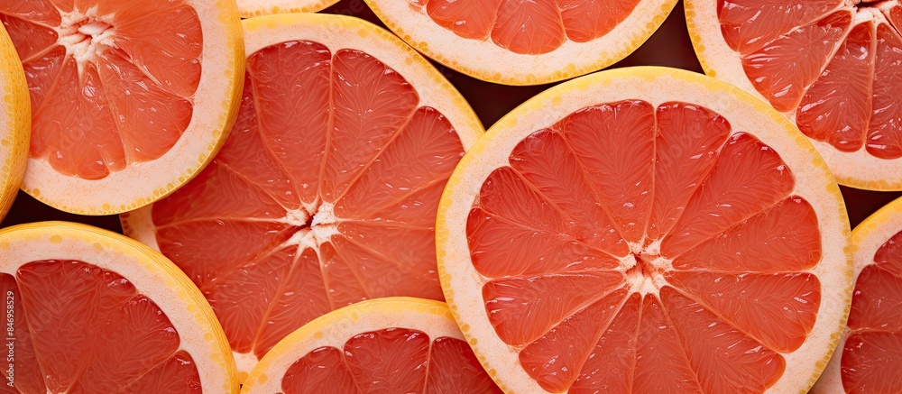 Leinwandbilder close up view of grapefruits cut in half, showing the juicy and vibrant interior of the fruits. with