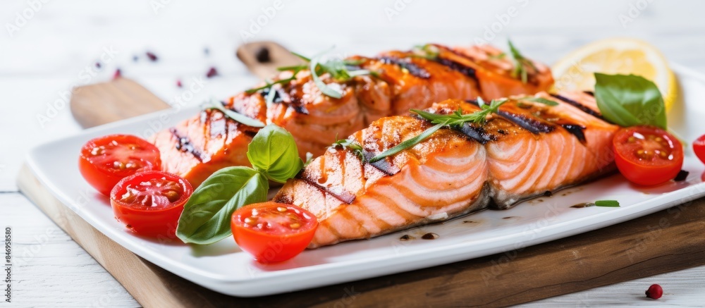 Poster Grilled salmon topped with fresh tomatoes, tangy lemon, and fragrant basil served on a clean white plate on a wooden table. with copy space image. Place for adding text or design