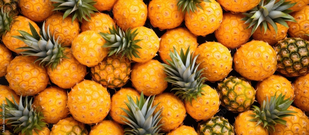 Aufkleber Pile of pineapples featuring vibrant green leaves up close, suitable as a textured background. with copy space image. Place for adding text or design