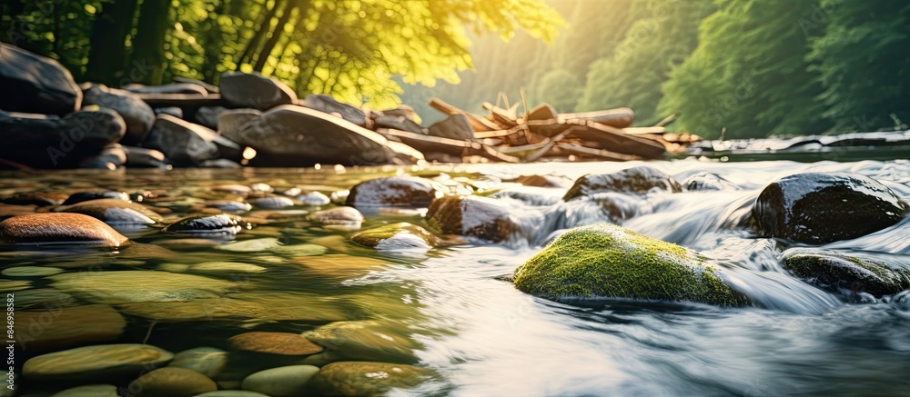 Poster Flowing stream winds through a lush forest, surrounded by an array of rocks and boulders under the gentle sunlight. with copy space image. Place for adding text or design