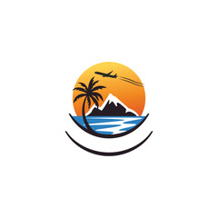 Naklejka premium Creative logo design depicting a tavel emblem with water mountains and a palm tree, with a plane flying on top. 