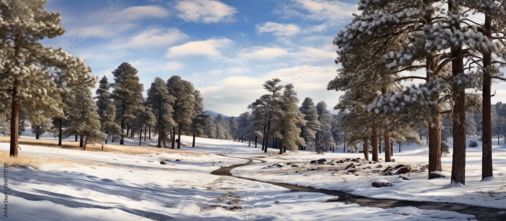 Poster Snowy trail winding through a forest with snow-laden trees creating a tranquil winter scene. with copy space image. Place for adding text or design