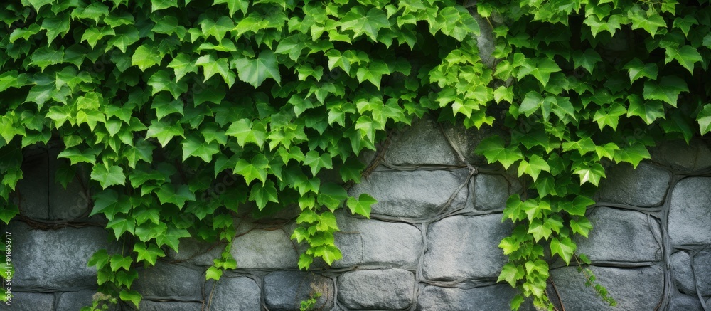 Aufkleber Lush green ivy plants cascade over a textured stone wall, creating a vibrant natural display. with copy space image. Place for adding text or design