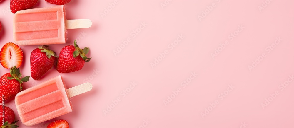 Leinwandbilder pink frozen dessert topped with fresh strawberries on a harmonizing pink backdrop. with copy space i