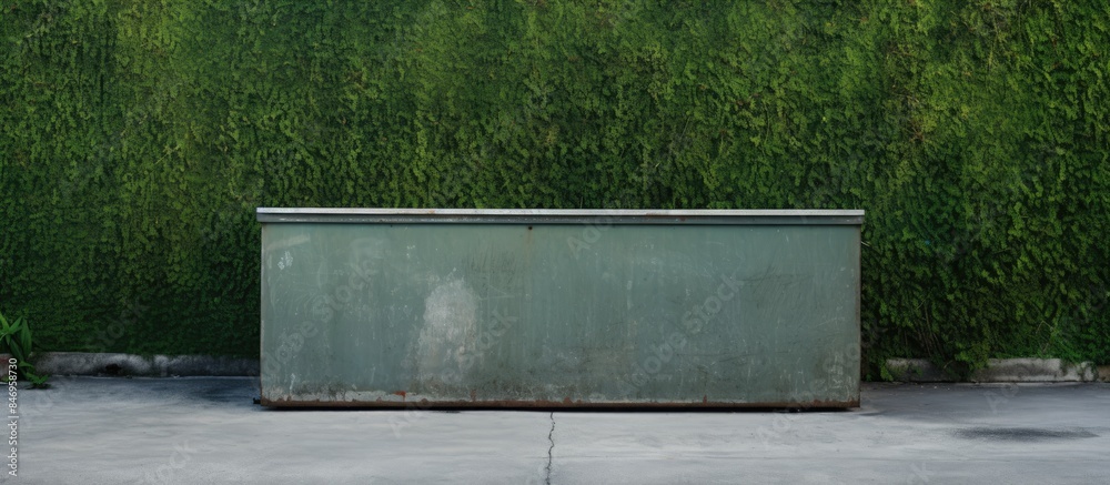 Poster Metal box placed in front of a verdant green wall. with copy space image. Place for adding text or design