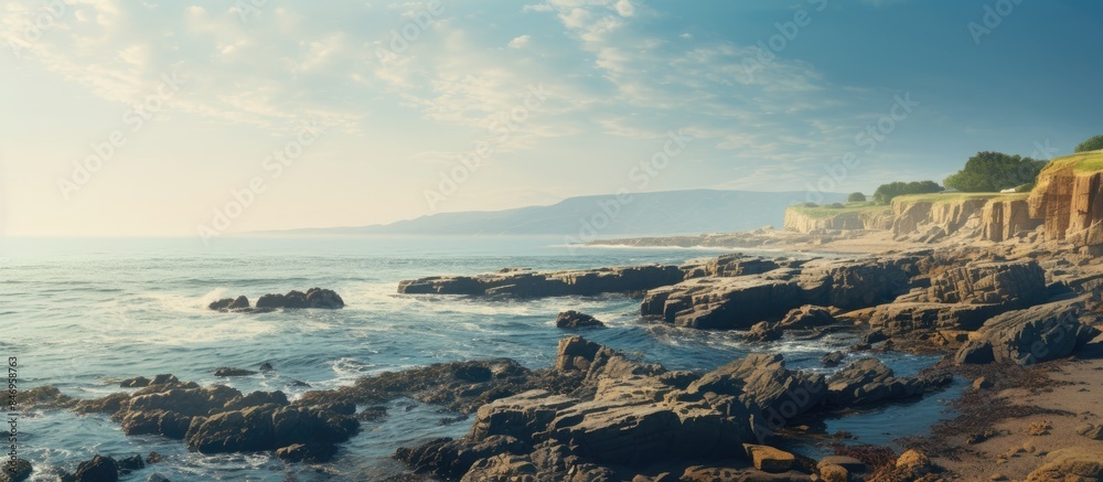 Poster A rugged coastline with a steep cliff above a stony shore and waves crashing. with copy space image. Place for adding text or design