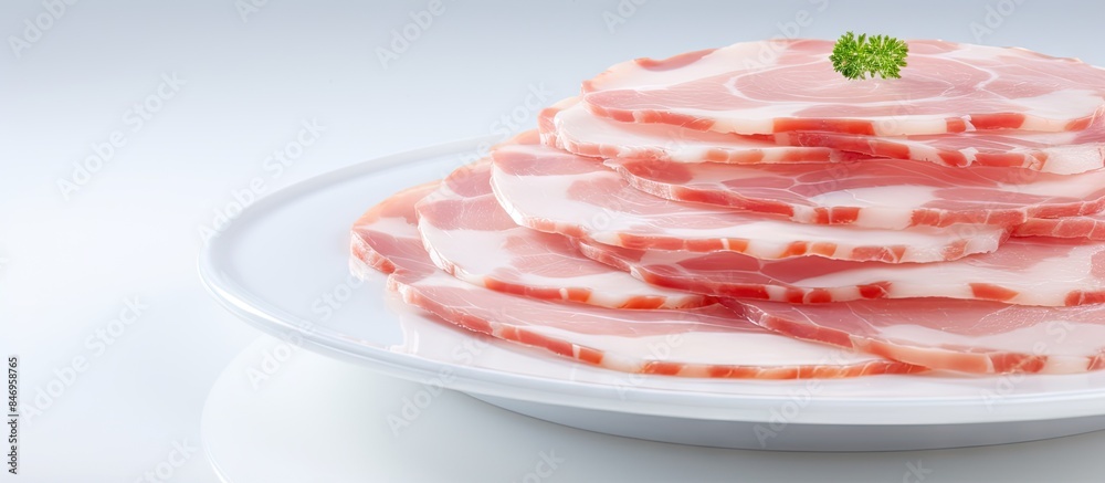 Poster Stack of bacon slices displayed on a dish, showcasing the deliciousness of crispy bacon strips. with copy space image. Place for adding text or design