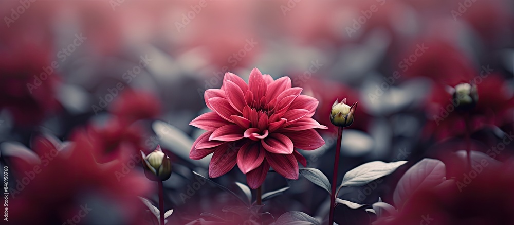 Poster fully bloomed burgundy flower standing out among other budding flowers in soft focus. with copy spac