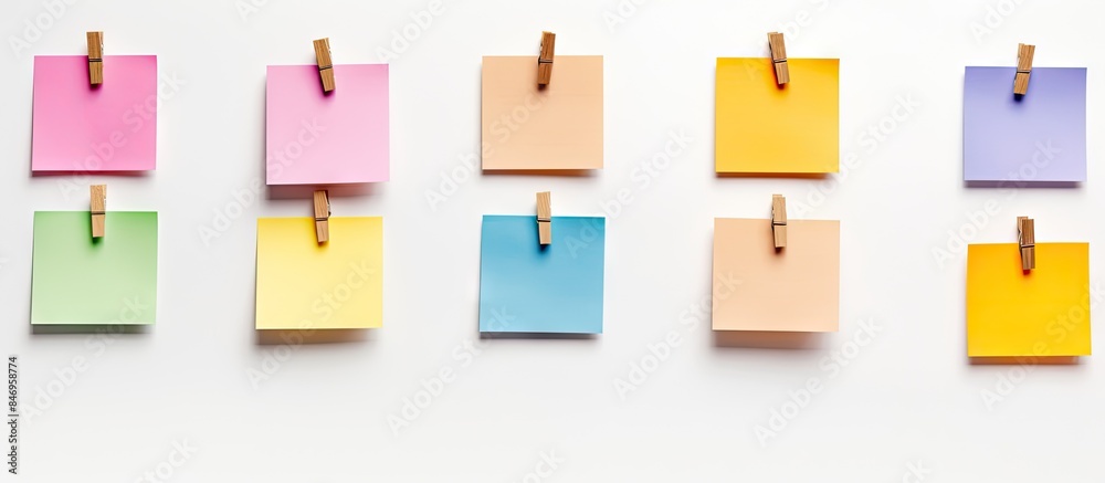 Poster A colorful collection of post-it notes pegged to a clothesline, showcasing reminders and to-dos. with copy space image. Place for adding text or design