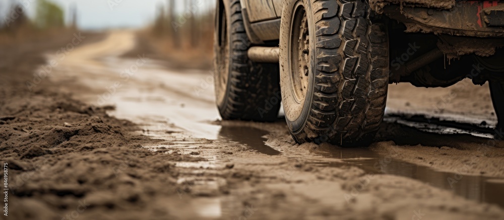 Poster Truck with mud-caked wheels traversing a dirt road leaving distinct tire tracks behind. with copy space image. Place for adding text or design