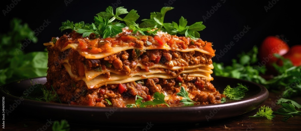 Fototapete Homemade lasagna Bolognese topped with beef and a sprinkle of vibrant green parsley. with copy space image. Place for adding text or design