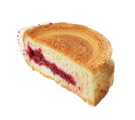 Half of round croissant with jam isolated on white. Tasty puff pastry