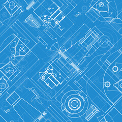 Mechanical engineering drawings on blue background. Tap tools, borer. Technical Design. Cover. Blueprint. Seamless pattern. Vector illustration.