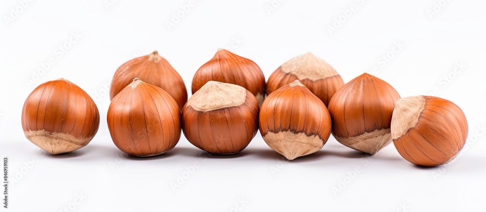Poster multiple hazel nuts placed together on a simple white background, commonly used for oil and spices. 