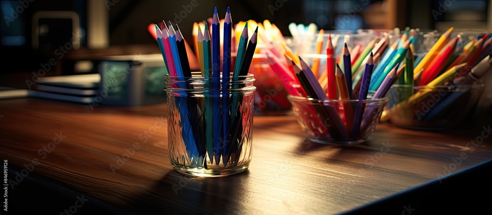 Fototapete colorful assortment of pencils neatly arranged in a glass container on a flat surface. with copy spa