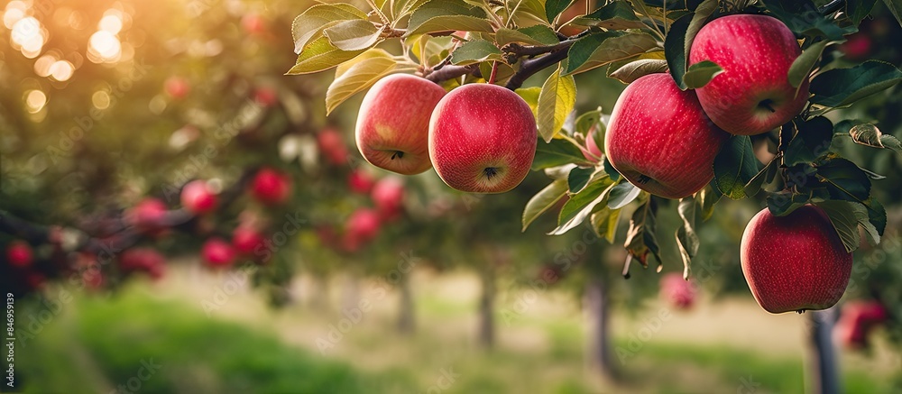 Leinwandbilder red apples hanging from tree branches in a sunny orchard, showcasing the natural beauty of ripe frui