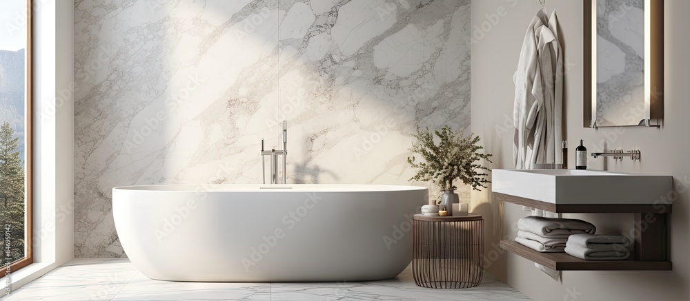 Poster modern bathroom featuring a large tub, sink, and window, with a luxurious marble texture design for 