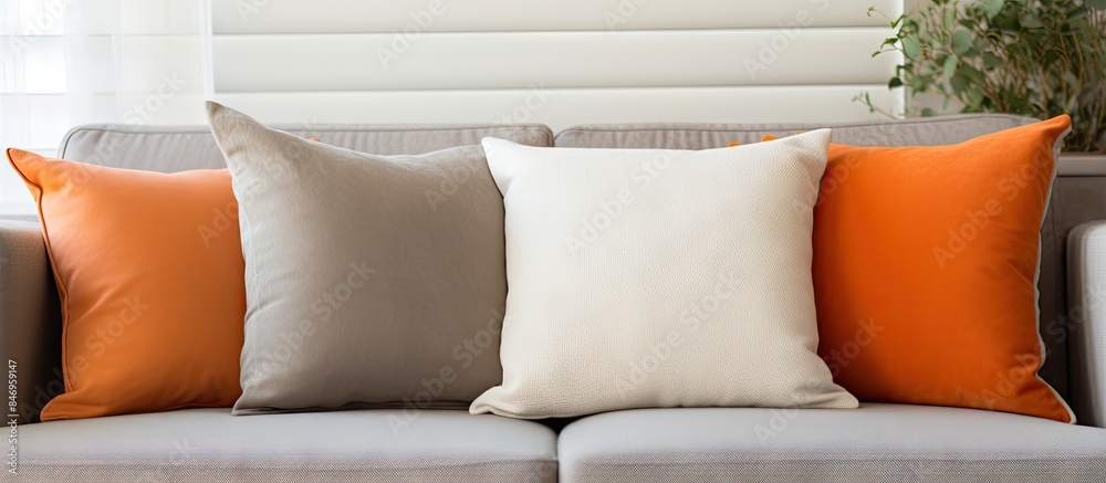Poster beige couch in living room adorned with orange and gray pillows. with copy space image. place for ad