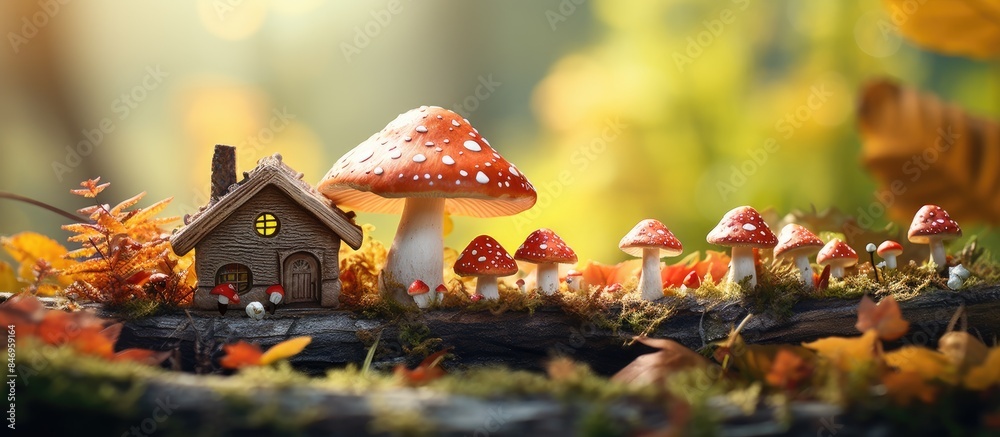 Poster cozy little house located beside a charming mushroom dwelling in autumn. with copy space image. plac