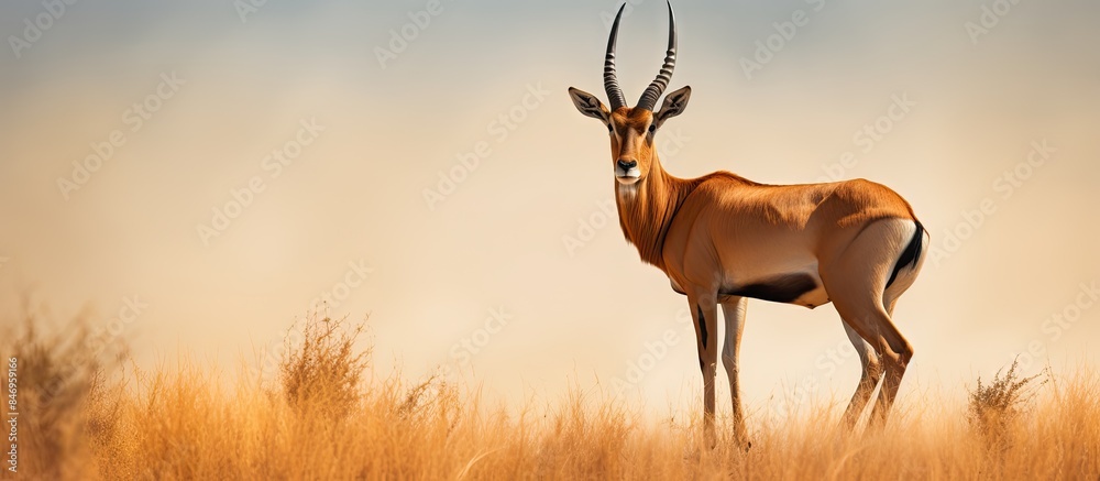 Poster Graceful gazelle standing amidst tall grass in a serene field Male hartebeest on elevated ground looking around. with copy space image. Place for adding text or design