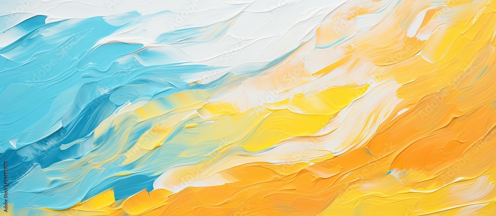 Aufkleber vibrant abstract painting featuring a prominent yellow and blue wave design in textured oil and acry