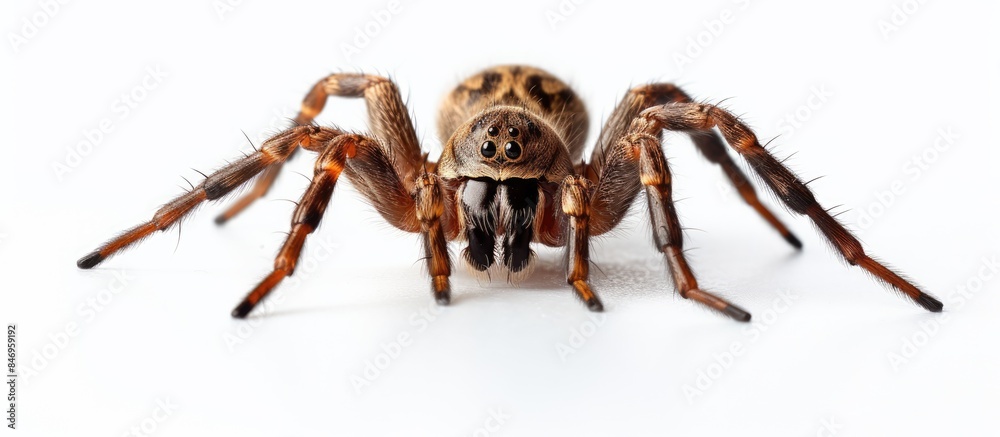 Poster Spider with its jaws parted, showing its open mouth, captured in a close-up shot on a plain white surface. with copy space image. Place for adding text or design