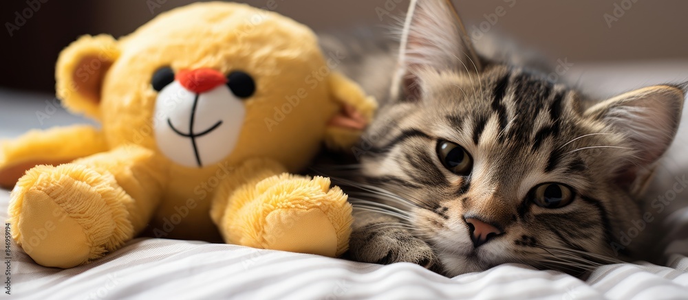 Poster An adorable kitten is resting on a bed next to a teddy bear while a grumpy tabby cat looks displeased with a stuffed animal toy nearby. with copy space image. Place for adding text or design