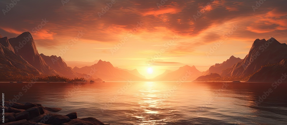 Poster scenic tunnel perspective revealing a picturesque sunset scene over a serene sea bay encompassed by 