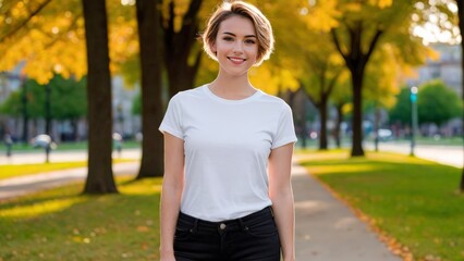 Young woman with short hair wearing white t-shirt and black jeans standing in the park