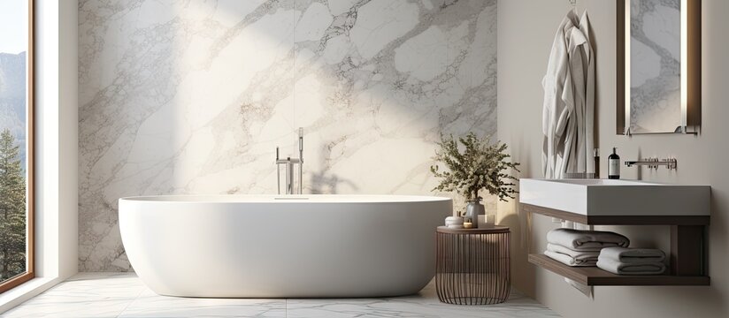 Modern bathroom featuring a large tub, sink, and window, with a luxurious marble texture design for wall and floor tiles. with copy space image. Place for adding text or design