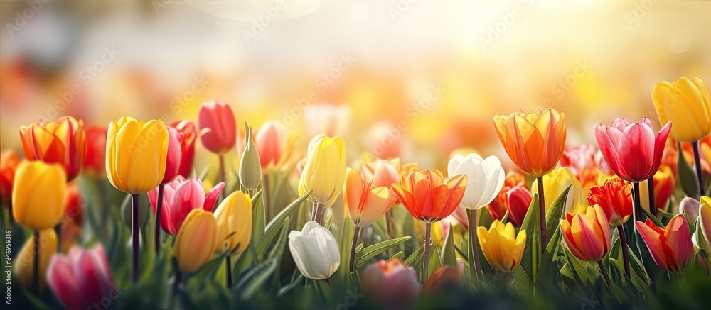 Poster Vibrant tulips of various colors blossoming abundantly in a green grass field during spring. with copy space image. Place for adding text or design