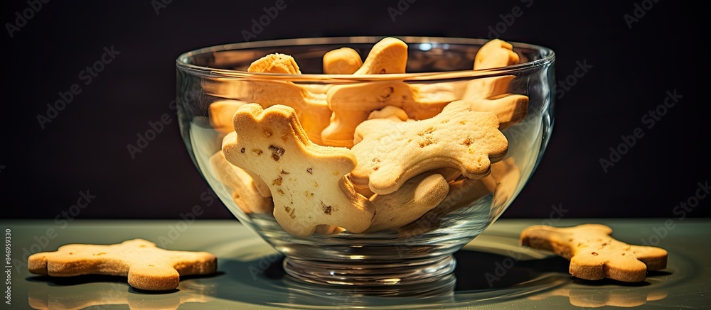 Poster glass bowl filled with a variety of cookies placed on a table. with copy space image. place for addi