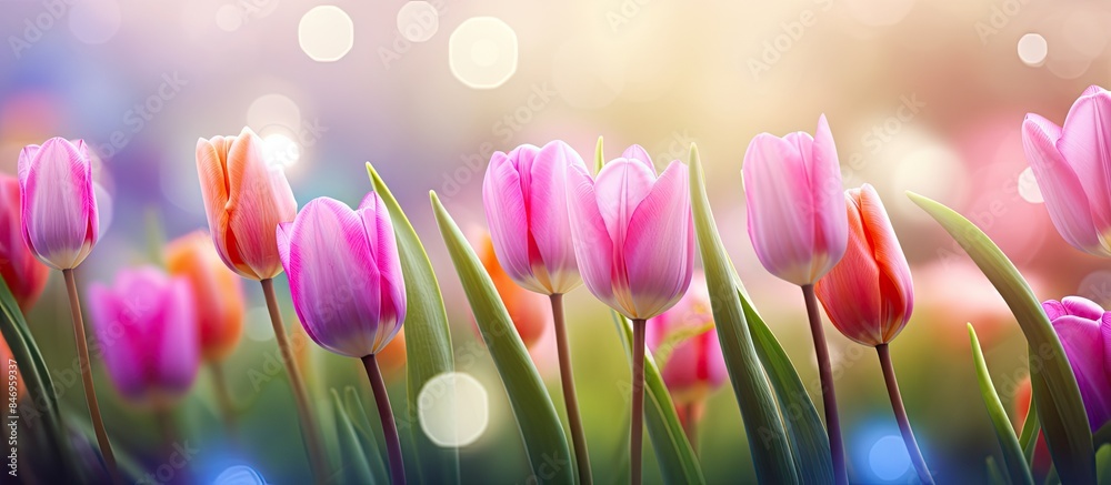 Poster Pink tulips stand out with a vibrant multicolored bokeh background in a picturesque setting of green grass. with copy space image. Place for adding text or design
