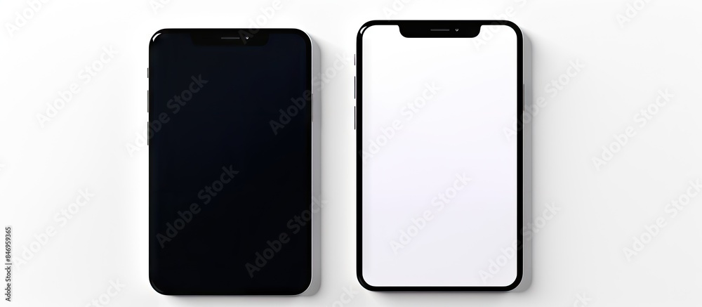 Poster Pair of smartphones positioned side by side on a plain white tabletop. with copy space image. Place for adding text or design