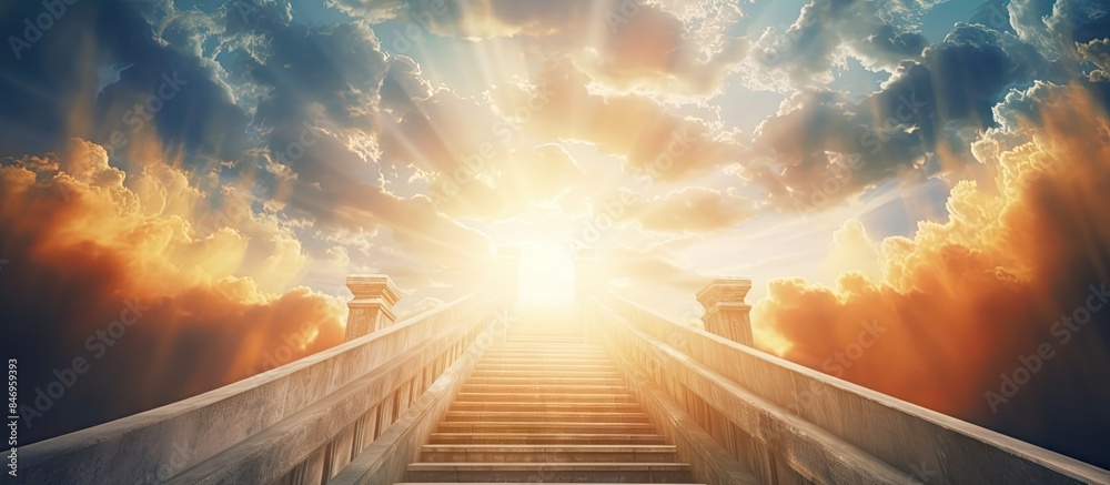 Poster Staircase leading upwards to a bright light, symbolizing a spiritual journey towards enlightenment. with copy space image. Place for adding text or design