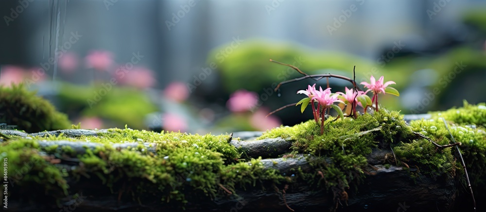 Poster lush green moss adorns a log adorned with delicate pink flowers and tiny thriving plants in the earl