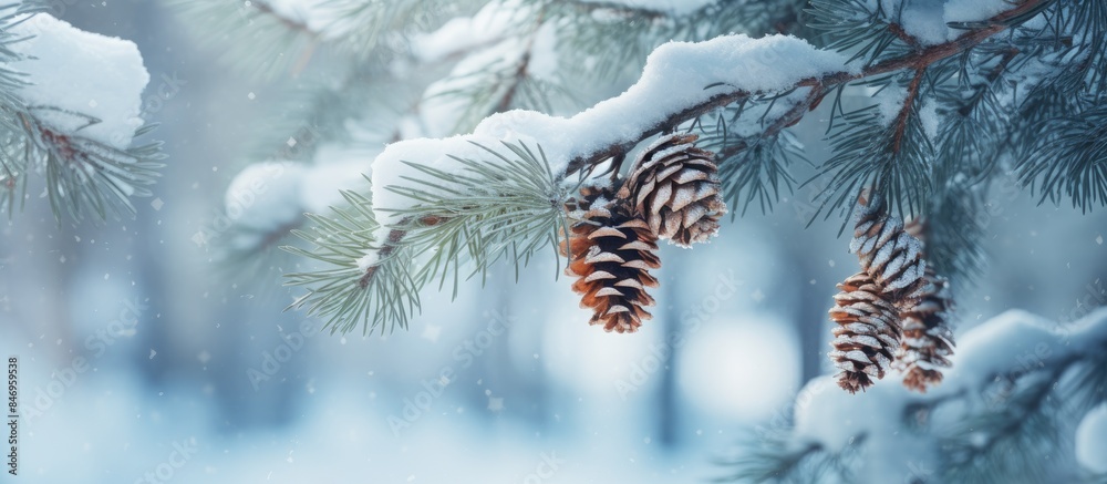 Fototapete A cluster of pine cones attached to a tree branch surrounded by a blanket of snow in a winter setting. with copy space image. Place for adding text or design