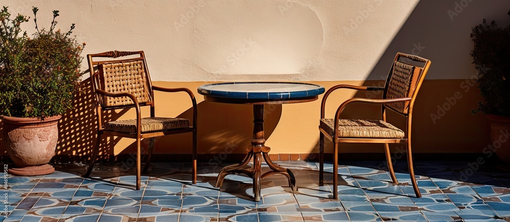 Aufkleber Two chairs and a table placed on the patio outside. with copy space image. Place for adding text or design