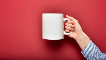 A blank white coffee mug held in the style of the arm of a woman in front of a red background