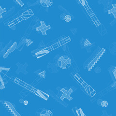 Mechanical engineering drawings on blue background. Tap tools, borer. Technical Design. Cover. Blueprint. Seamless pattern. Vector illustration.
