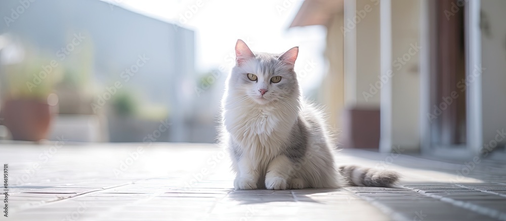 Poster gray and white feline sitting on ground outside, waiting for food and enjoying morning play. with co