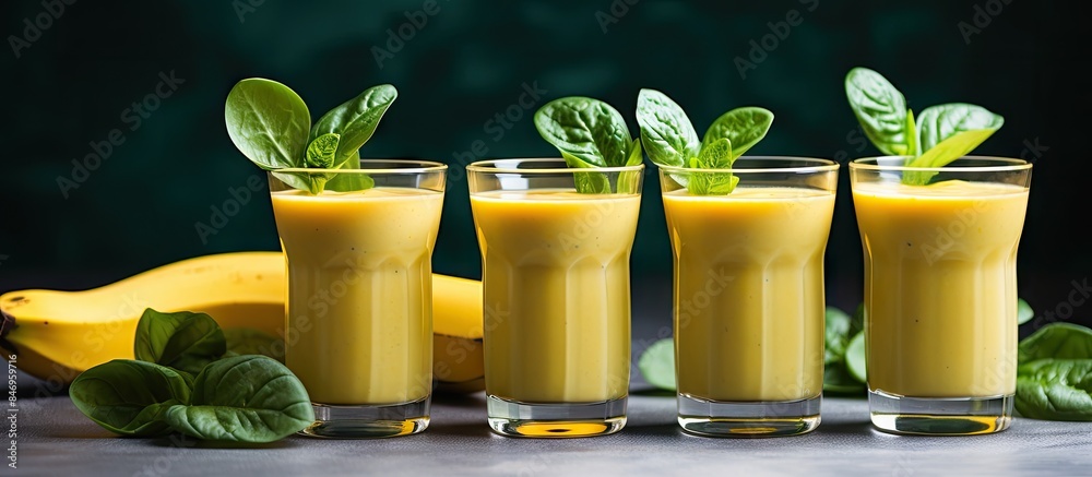 Aufkleber Three refreshing smoothie glasses containing a blend of bananas and nutritious spinach, placed on a table. with copy space image. Place for adding text or design