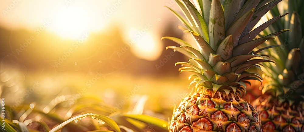 Fototapete A lone pineapple is positioned at the heart of a sunlit field, basking in the warm light of the sun. with copy space image. Place for adding text or design