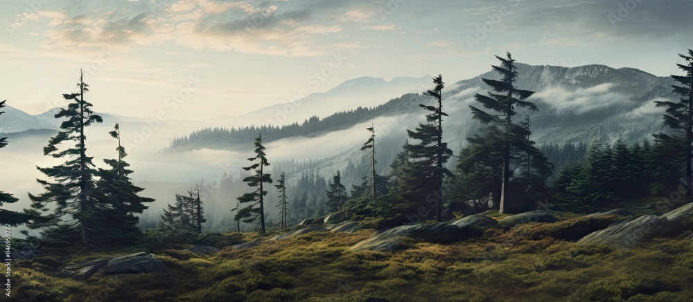 Fototapete Scenic view of distant mountains and trees set against a foggy sky. with copy space image. Place for adding text or design