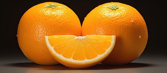 Two oranges cut in half, one ripe orange and split tangerine halves in a photo. with copy space image. Place for adding text or design