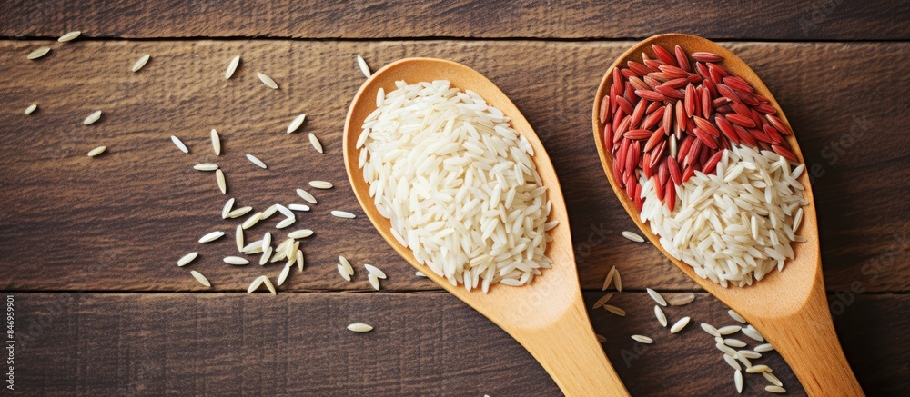 Leinwandbilder Wooden spoons containing rice grains and a heap of uncooked rice beside them. with copy space image. Place for adding text or design