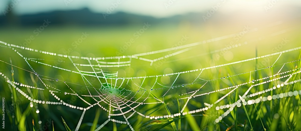 Aufkleber Spider web intricately woven on a lush field of green grass. with copy space image. Place for adding text or design