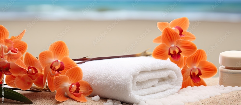 Poster Orange towels, candles, and delicate orchids create a serene spa setting by the sea. with copy space image. Place for adding text or design