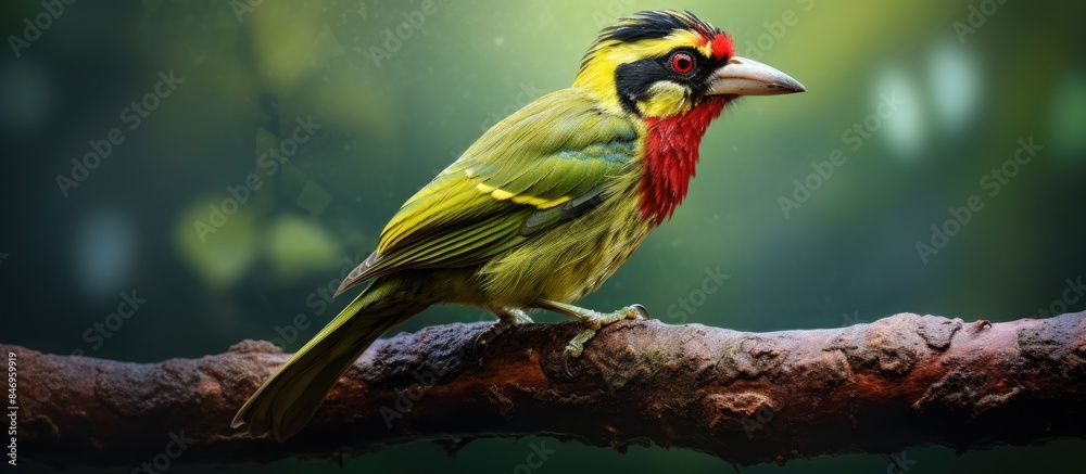 Poster a brightly colored bird is perched on a branch in a lush forest, showcasing its vibrant plumage amid