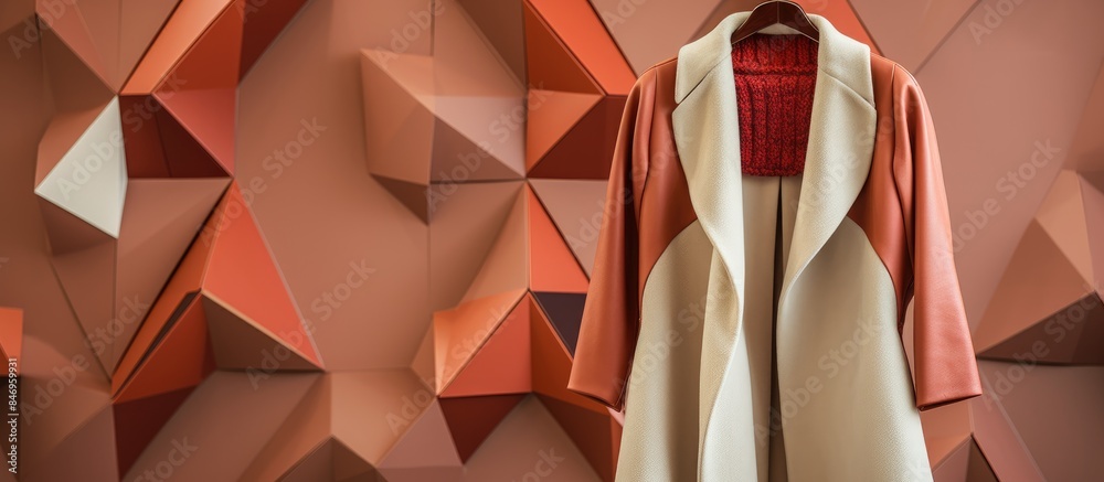 Poster Wool coat and blouse with geometric patterns displayed in a store. with copy space image. Place for adding text or design